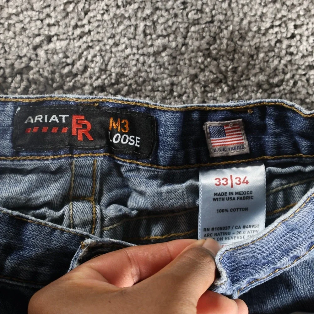 Ariat FR M3 Loose Fit Jeans Mens 33x34‎ Distressed Ripped Workwear Denim CAT 2
